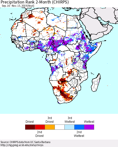 Africa Precipitation Rank since 1981, 2-Month (CHIRPS) Thematic Map For 9/16/2019 - 11/15/2019