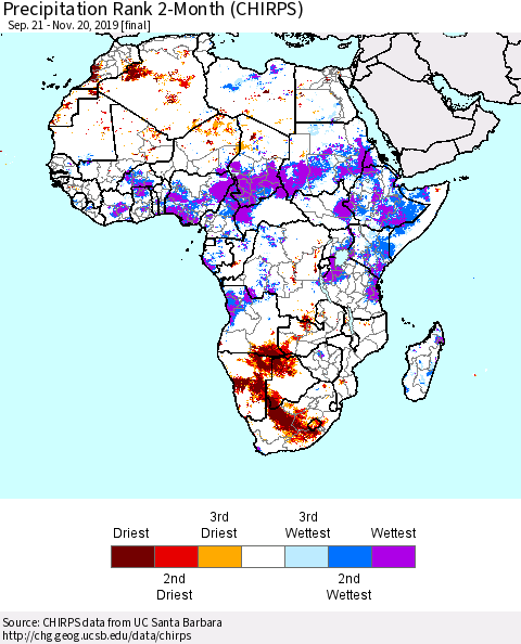 Africa Precipitation Rank since 1981, 2-Month (CHIRPS) Thematic Map For 9/21/2019 - 11/20/2019