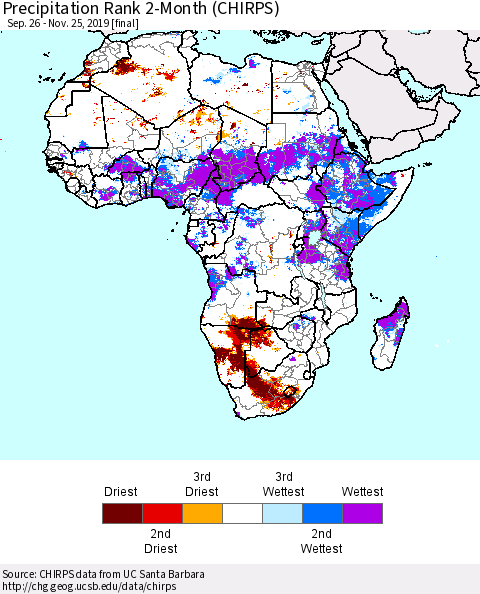 Africa Precipitation Rank since 1981, 2-Month (CHIRPS) Thematic Map For 9/26/2019 - 11/25/2019