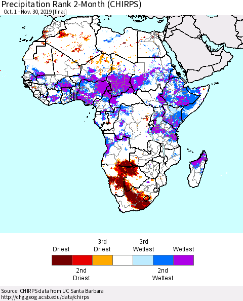 Africa Precipitation Rank since 1981, 2-Month (CHIRPS) Thematic Map For 10/1/2019 - 11/30/2019