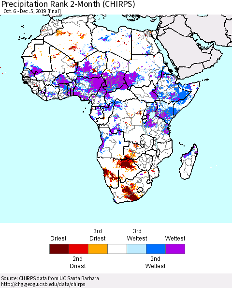 Africa Precipitation Rank since 1981, 2-Month (CHIRPS) Thematic Map For 10/6/2019 - 12/5/2019