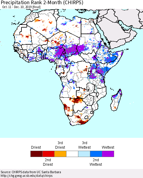 Africa Precipitation Rank since 1981, 2-Month (CHIRPS) Thematic Map For 10/11/2019 - 12/10/2019