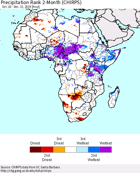Africa Precipitation Rank since 1981, 2-Month (CHIRPS) Thematic Map For 10/16/2019 - 12/15/2019
