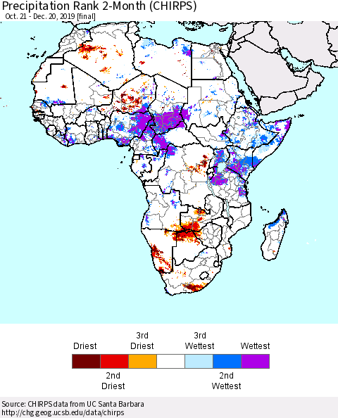Africa Precipitation Rank since 1981, 2-Month (CHIRPS) Thematic Map For 10/21/2019 - 12/20/2019