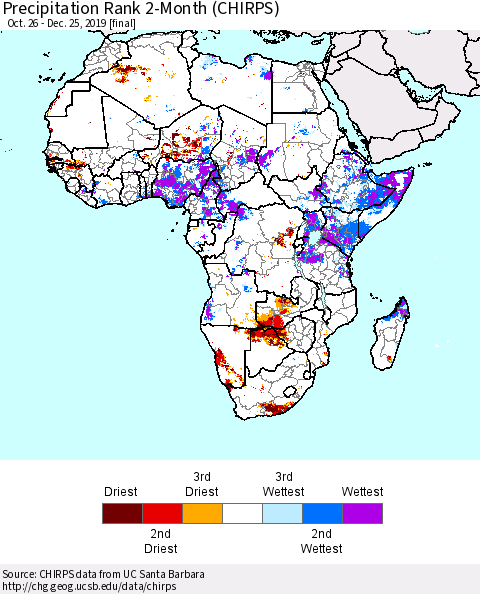 Africa Precipitation Rank since 1981, 2-Month (CHIRPS) Thematic Map For 10/26/2019 - 12/25/2019