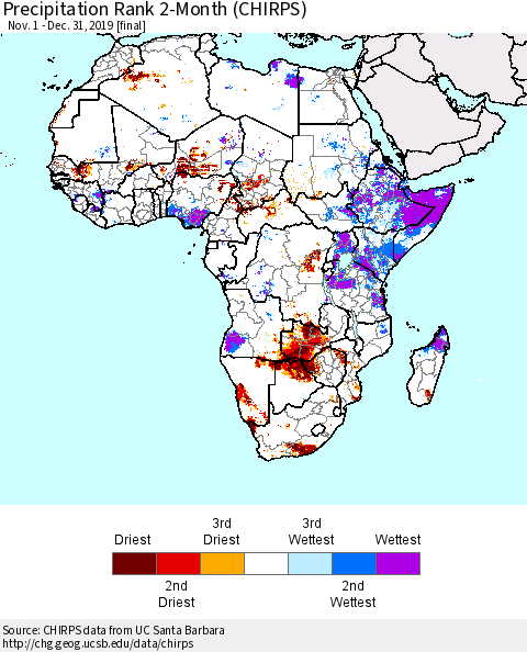 Africa Precipitation Rank since 1981, 2-Month (CHIRPS) Thematic Map For 11/1/2019 - 12/31/2019