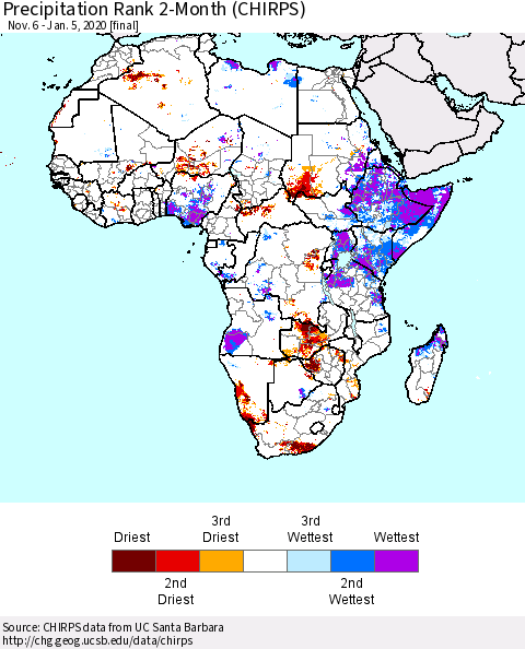 Africa Precipitation Rank since 1981, 2-Month (CHIRPS) Thematic Map For 11/6/2019 - 1/5/2020