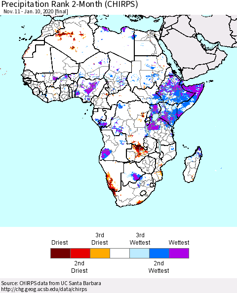 Africa Precipitation Rank since 1981, 2-Month (CHIRPS) Thematic Map For 11/11/2019 - 1/10/2020
