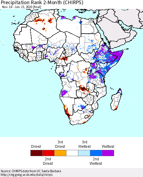 Africa Precipitation Rank since 1981, 2-Month (CHIRPS) Thematic Map For 11/16/2019 - 1/15/2020