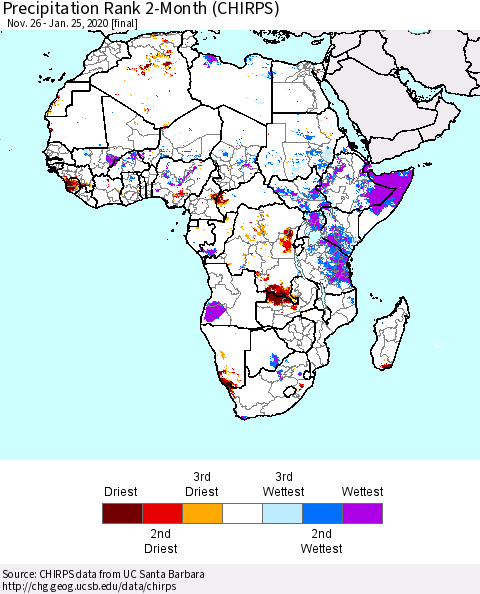 Africa Precipitation Rank since 1981, 2-Month (CHIRPS) Thematic Map For 11/26/2019 - 1/25/2020