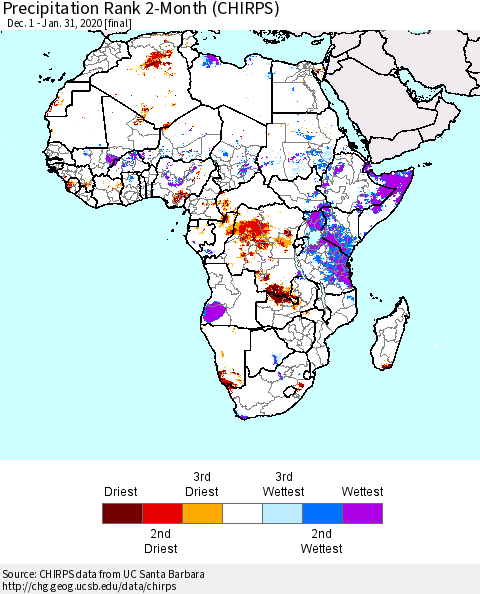 Africa Precipitation Rank since 1981, 2-Month (CHIRPS) Thematic Map For 12/1/2019 - 1/31/2020