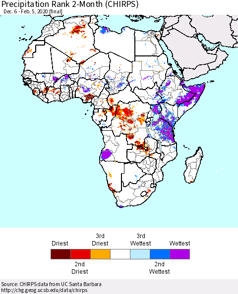 Africa Precipitation Rank since 1981, 2-Month (CHIRPS) Thematic Map For 12/6/2019 - 2/5/2020