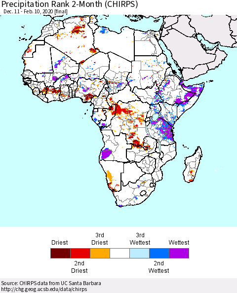 Africa Precipitation Rank since 1981, 2-Month (CHIRPS) Thematic Map For 12/11/2019 - 2/10/2020
