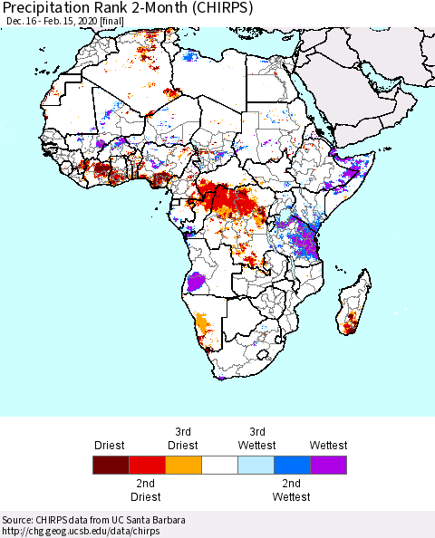 Africa Precipitation Rank since 1981, 2-Month (CHIRPS) Thematic Map For 12/16/2019 - 2/15/2020