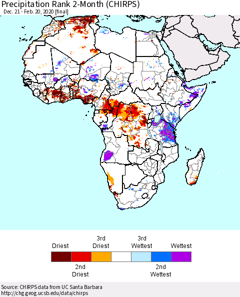 Africa Precipitation Rank since 1981, 2-Month (CHIRPS) Thematic Map For 12/21/2019 - 2/20/2020