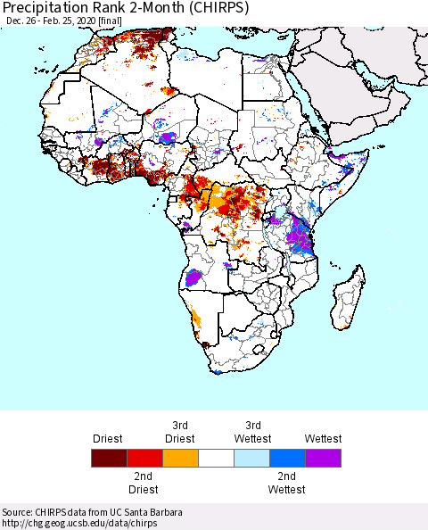 Africa Precipitation Rank since 1981, 2-Month (CHIRPS) Thematic Map For 12/26/2019 - 2/25/2020