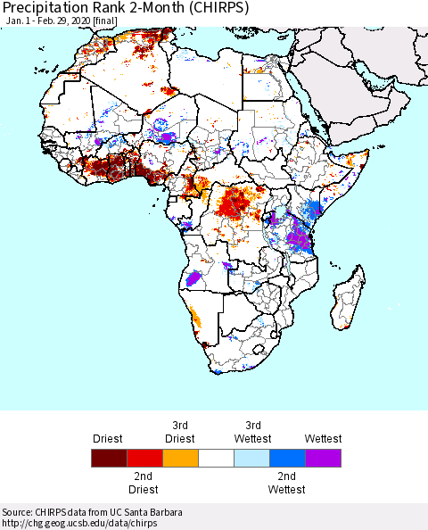 Africa Precipitation Rank since 1981, 2-Month (CHIRPS) Thematic Map For 1/1/2020 - 2/29/2020