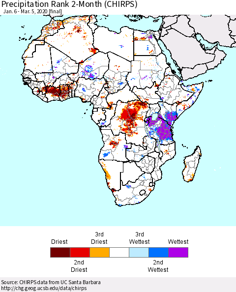 Africa Precipitation Rank since 1981, 2-Month (CHIRPS) Thematic Map For 1/6/2020 - 3/5/2020