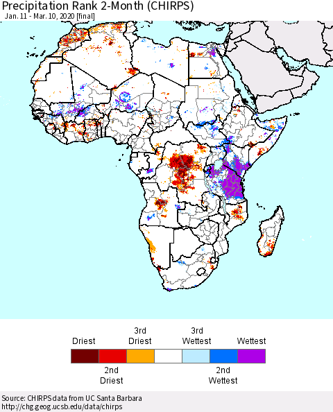 Africa Precipitation Rank since 1981, 2-Month (CHIRPS) Thematic Map For 1/11/2020 - 3/10/2020