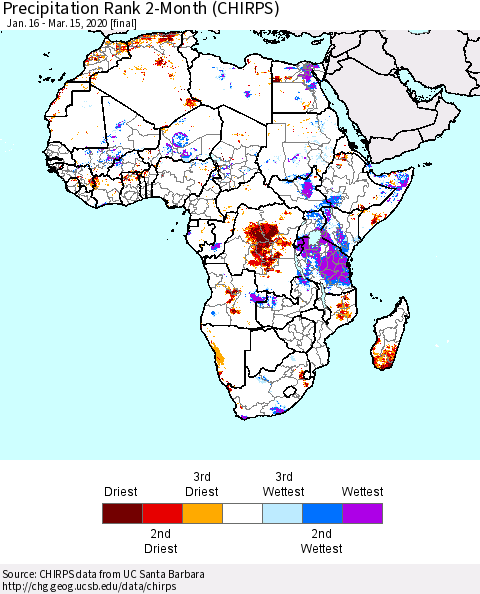 Africa Precipitation Rank since 1981, 2-Month (CHIRPS) Thematic Map For 1/16/2020 - 3/15/2020