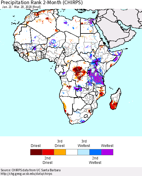 Africa Precipitation Rank since 1981, 2-Month (CHIRPS) Thematic Map For 1/21/2020 - 3/20/2020