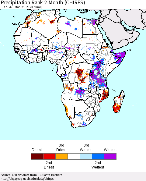 Africa Precipitation Rank since 1981, 2-Month (CHIRPS) Thematic Map For 1/26/2020 - 3/25/2020