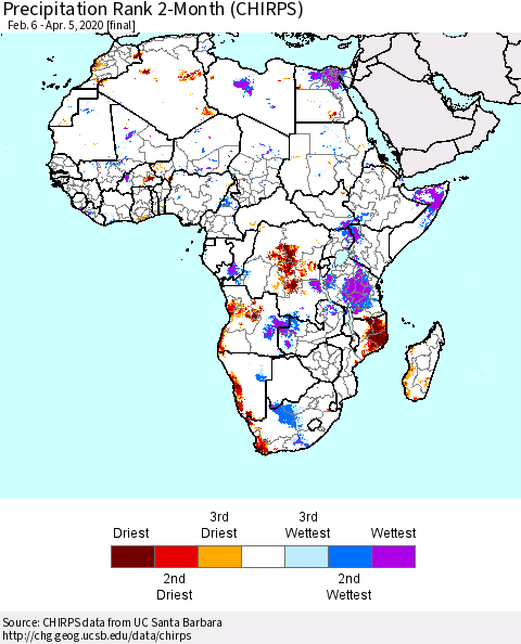 Africa Precipitation Rank since 1981, 2-Month (CHIRPS) Thematic Map For 2/6/2020 - 4/5/2020