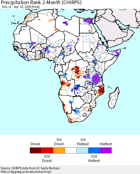Africa Precipitation Rank since 1981, 2-Month (CHIRPS) Thematic Map For 2/11/2020 - 4/10/2020
