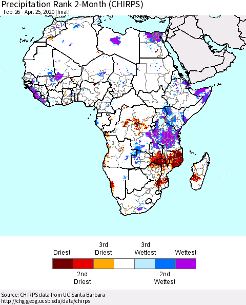 Africa Precipitation Rank since 1981, 2-Month (CHIRPS) Thematic Map For 2/26/2020 - 4/25/2020