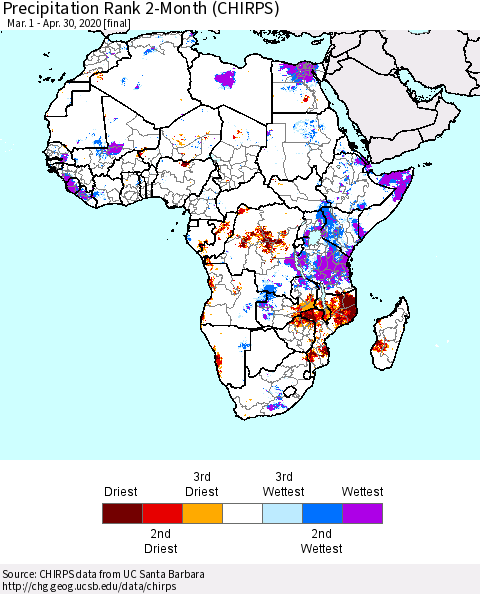 Africa Precipitation Rank 2-Month (CHIRPS) Thematic Map For 3/1/2020 - 4/30/2020