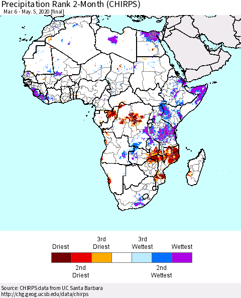 Africa Precipitation Rank since 1981, 2-Month (CHIRPS) Thematic Map For 3/6/2020 - 5/5/2020