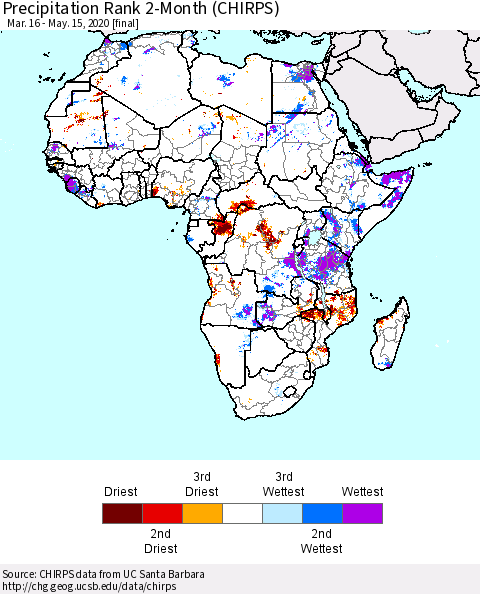 Africa Precipitation Rank since 1981, 2-Month (CHIRPS) Thematic Map For 3/16/2020 - 5/15/2020
