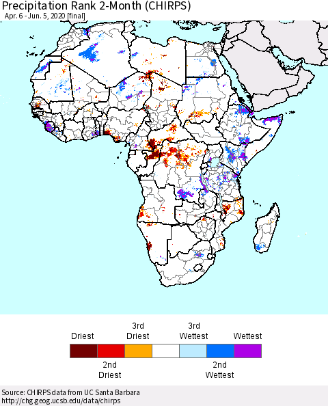 Africa Precipitation Rank 2-Month (CHIRPS) Thematic Map For 4/6/2020 - 6/5/2020