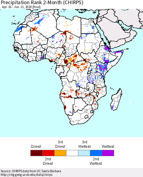 Africa Precipitation Rank 2-Month (CHIRPS) Thematic Map For 4/16/2020 - 6/15/2020