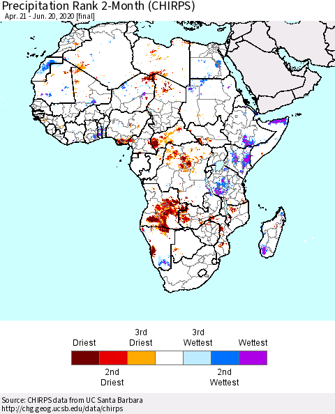 Africa Precipitation Rank 2-Month (CHIRPS) Thematic Map For 4/21/2020 - 6/20/2020
