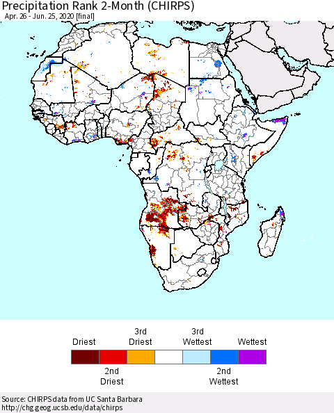 Africa Precipitation Rank since 1981, 2-Month (CHIRPS) Thematic Map For 4/26/2020 - 6/25/2020