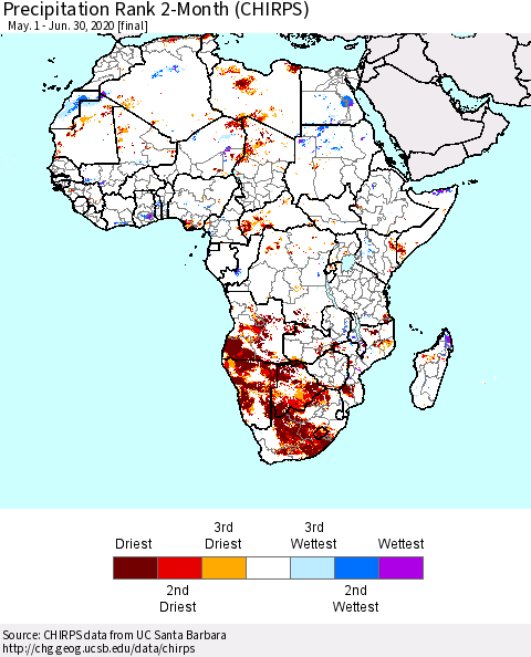 Africa Precipitation Rank 2-Month (CHIRPS) Thematic Map For 5/1/2020 - 6/30/2020