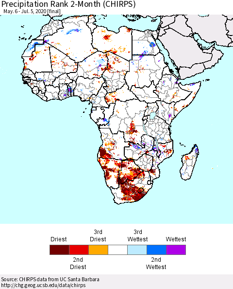 Africa Precipitation Rank since 1981, 2-Month (CHIRPS) Thematic Map For 5/6/2020 - 7/5/2020