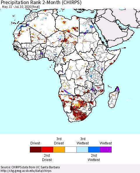 Africa Precipitation Rank 2-Month (CHIRPS) Thematic Map For 5/11/2020 - 7/10/2020
