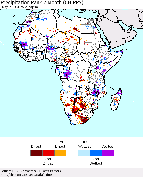 Africa Precipitation Rank 2-Month (CHIRPS) Thematic Map For 5/26/2020 - 7/25/2020