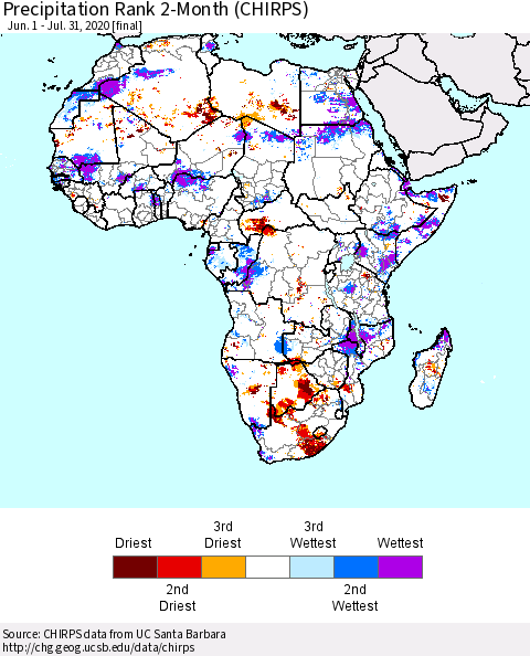 Africa Precipitation Rank 2-Month (CHIRPS) Thematic Map For 6/1/2020 - 7/31/2020
