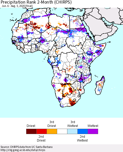 Africa Precipitation Rank 2-Month (CHIRPS) Thematic Map For 6/6/2020 - 8/5/2020