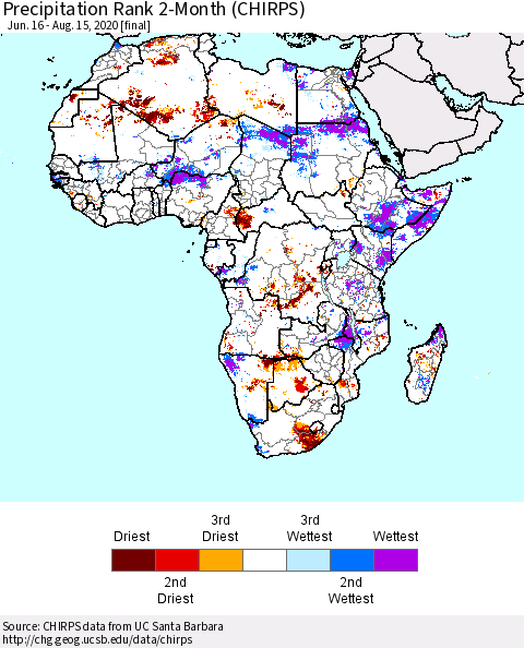 Africa Precipitation Rank 2-Month (CHIRPS) Thematic Map For 6/16/2020 - 8/15/2020
