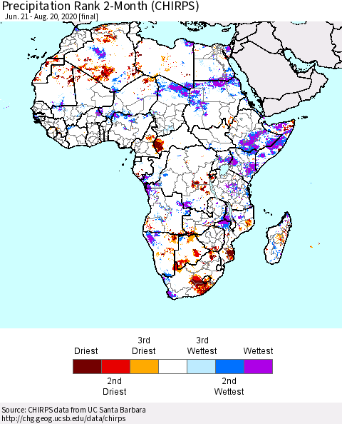 Africa Precipitation Rank 2-Month (CHIRPS) Thematic Map For 6/21/2020 - 8/20/2020