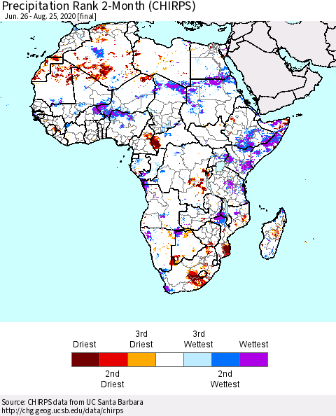 Africa Precipitation Rank since 1981, 2-Month (CHIRPS) Thematic Map For 6/26/2020 - 8/25/2020