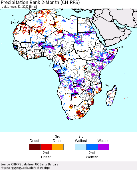 Africa Precipitation Rank 2-Month (CHIRPS) Thematic Map For 7/1/2020 - 8/31/2020