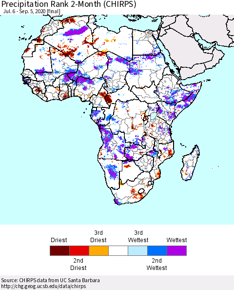 Africa Precipitation Rank 2-Month (CHIRPS) Thematic Map For 7/6/2020 - 9/5/2020