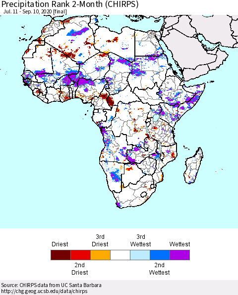 Africa Precipitation Rank 2-Month (CHIRPS) Thematic Map For 7/11/2020 - 9/10/2020