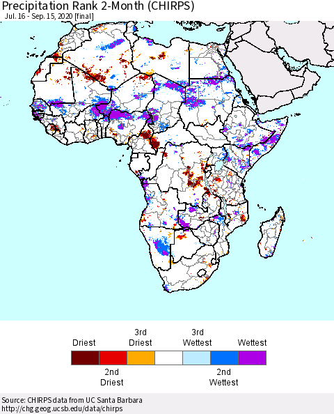 Africa Precipitation Rank 2-Month (CHIRPS) Thematic Map For 7/16/2020 - 9/15/2020