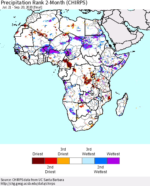Africa Precipitation Rank since 1981, 2-Month (CHIRPS) Thematic Map For 7/21/2020 - 9/20/2020